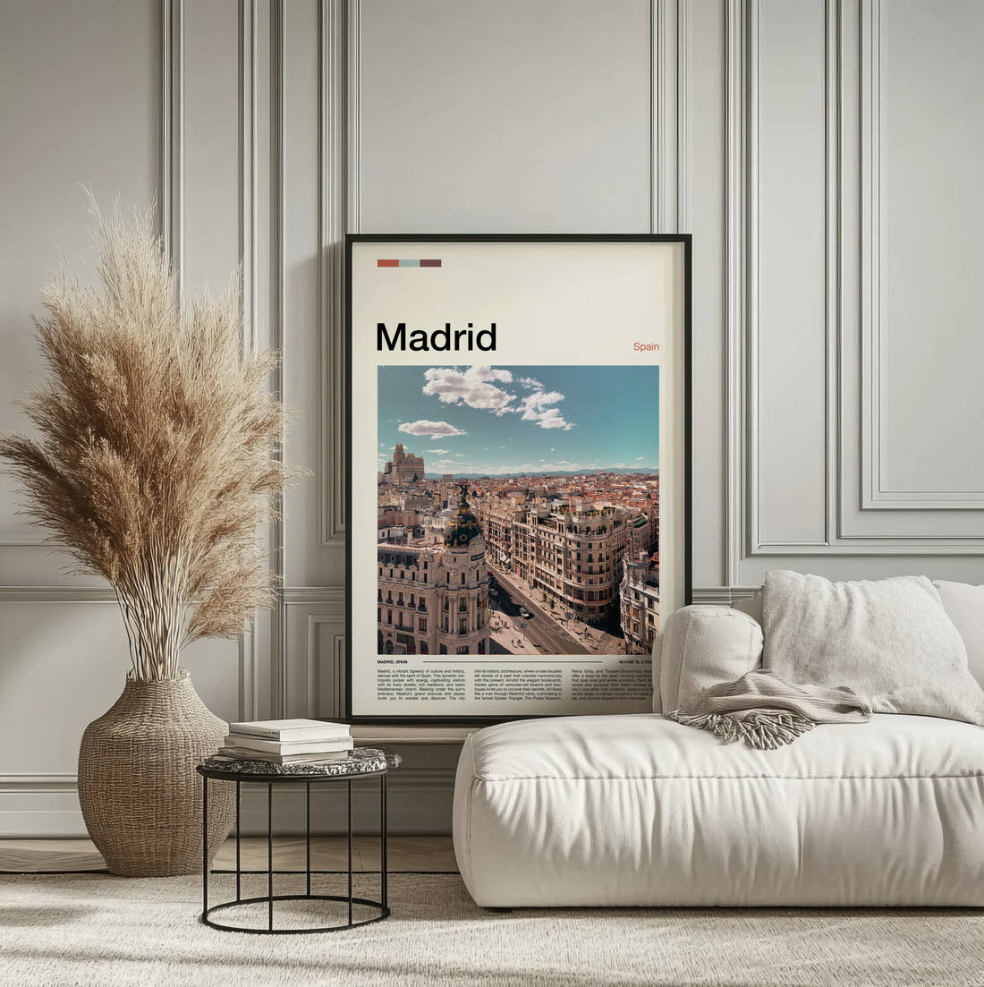 Madrid Gran Via Rooftops Travel Print framed on the wall of a calm, neutral bedroom