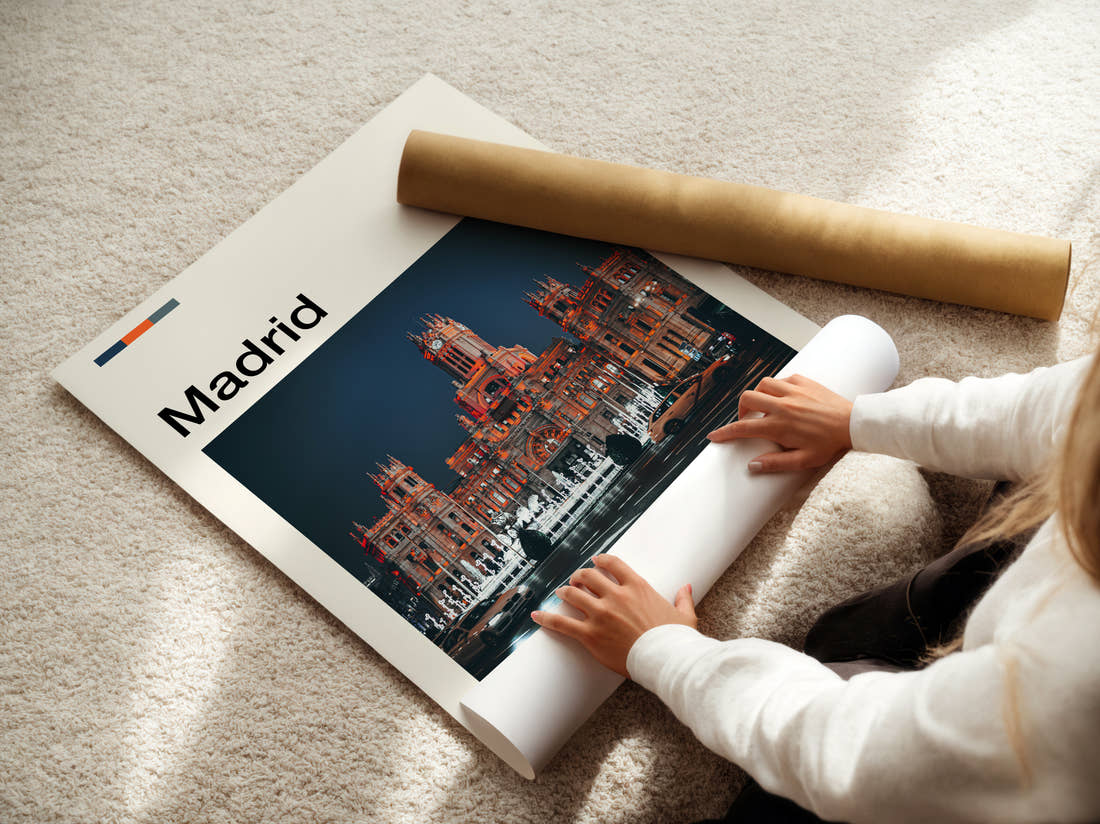 Madrid Cybele Palace Travel Print being unrolled from its postal tube