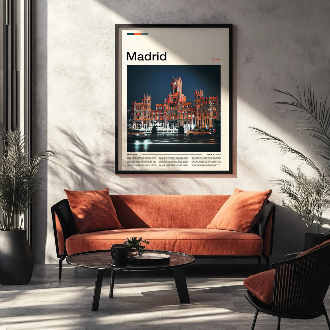 Madrid Cybele Palace Travel Print framed on the wall of a modern living room