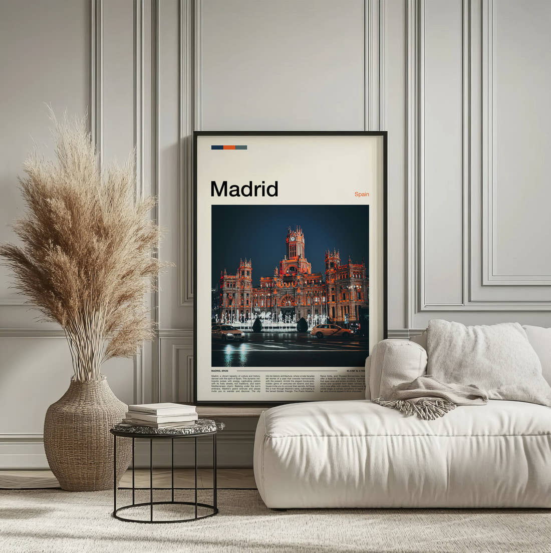 Madrid Cybele Palace Travel Print framed on the wall of a calm, neutral bedroom