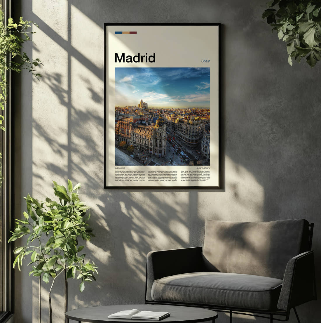 Madrid Gran Via At Sunrise Travel Print framed on the wall of a relaxed living room