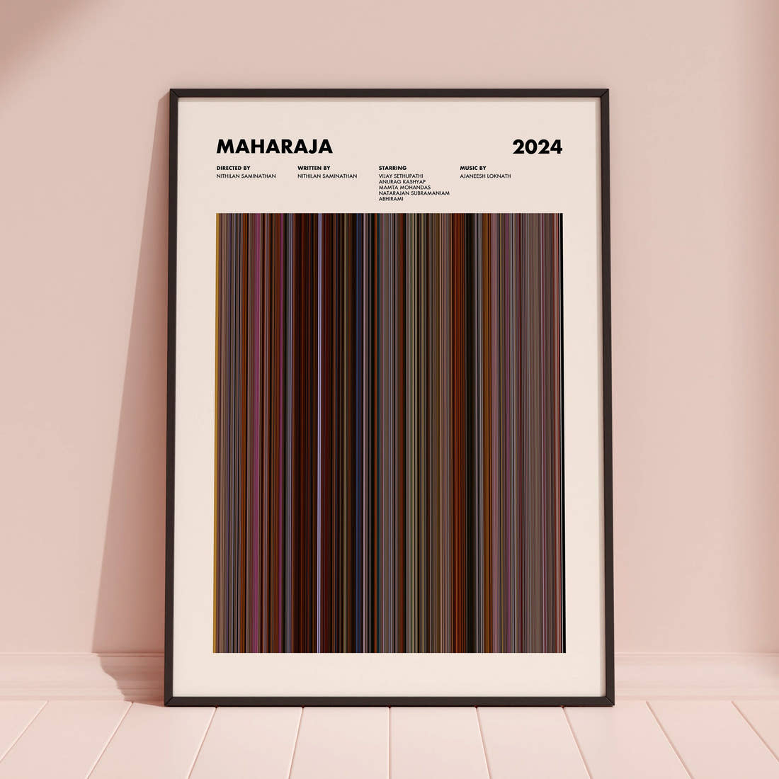 Maharaja Movie Barcode Poster framed and leaning against a coloured wall