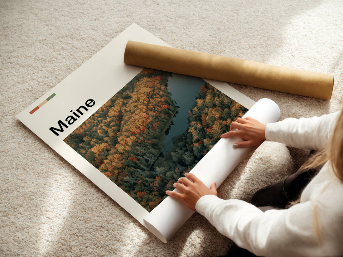 Maine Autumn Forest From Above Travel Print being unrolled from its postal tube
