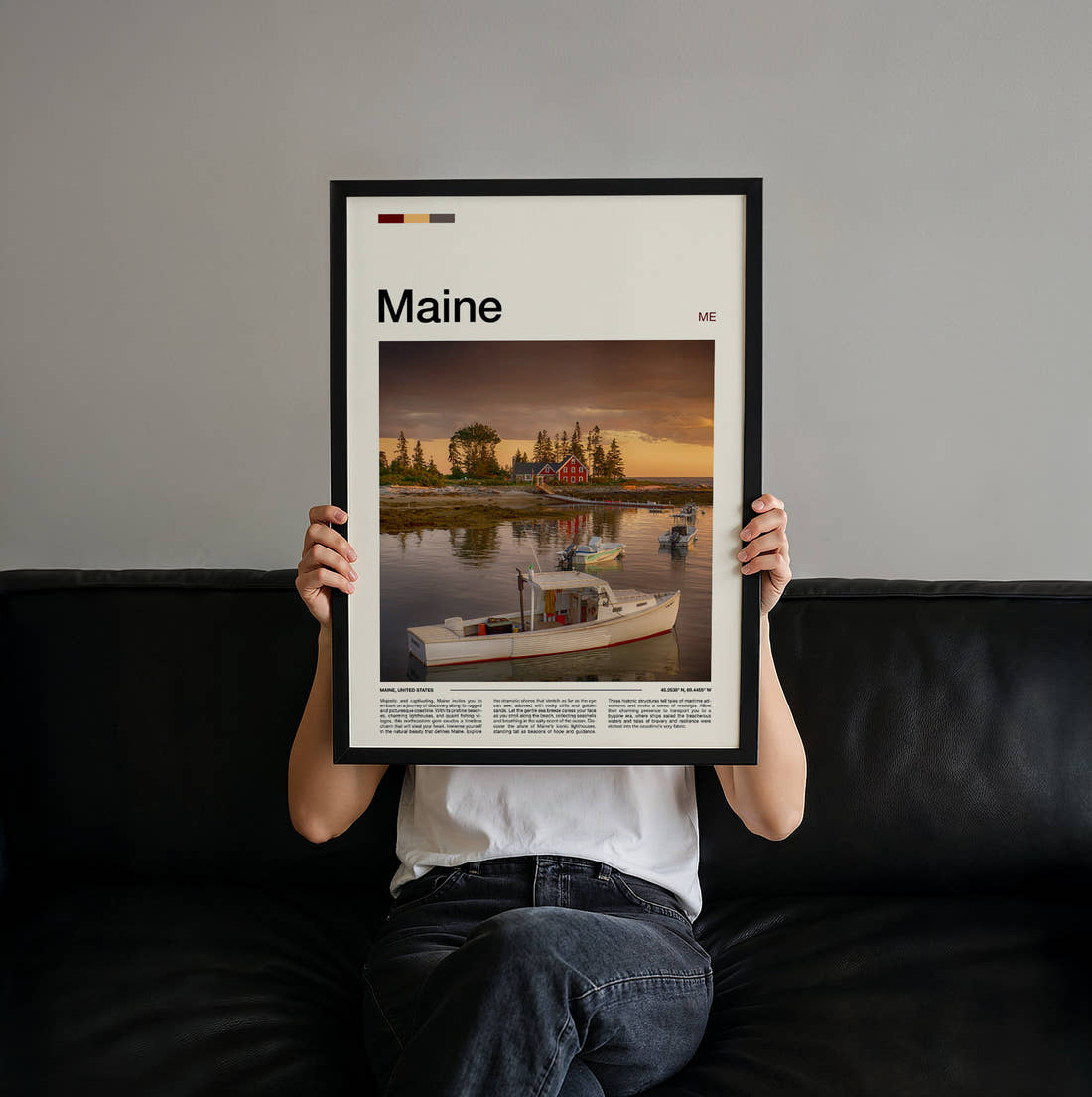 Maine Moored White Boat Travel Print held up by hand to show the size of the print