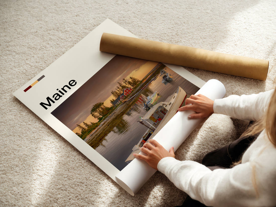 Maine Moored White Boat Travel Print being unrolled from its postal tube