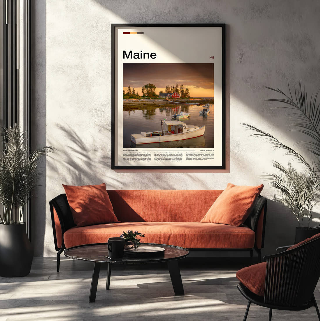 Maine Moored White Boat Travel Print framed on the wall of a modern living room