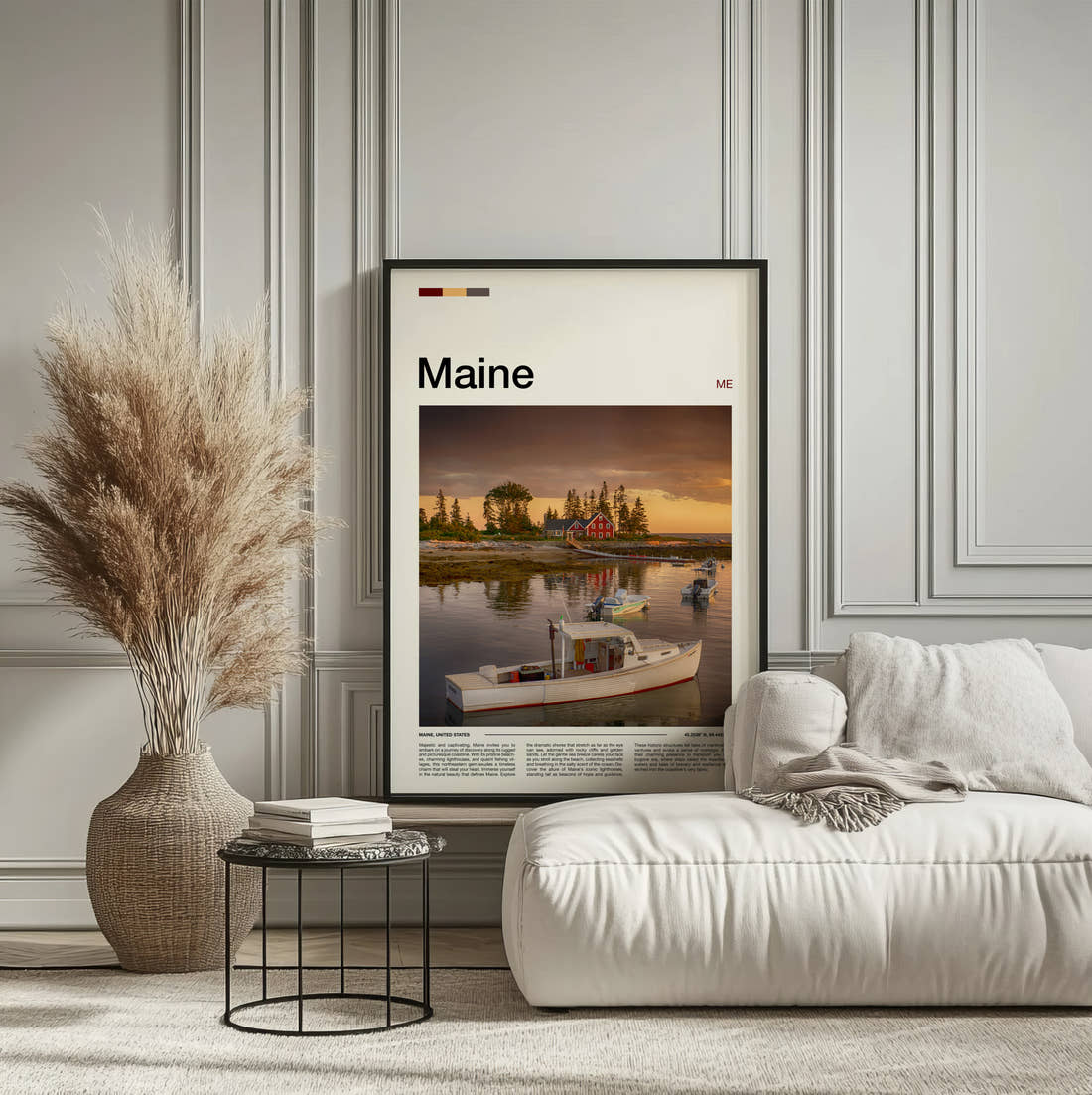 Maine Moored White Boat Travel Print framed on the wall of a calm, neutral bedroom