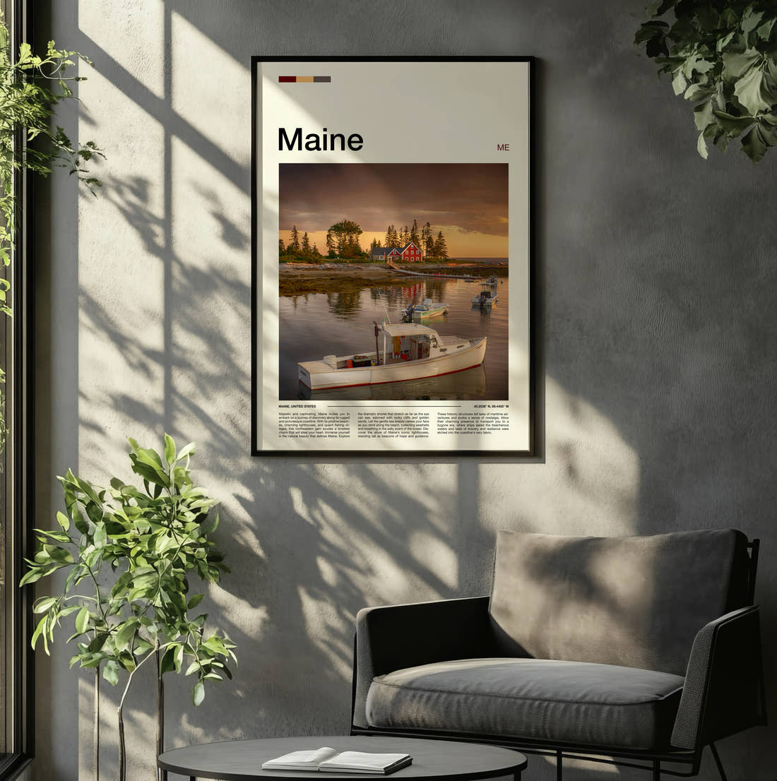 Maine Moored White Boat Travel Print framed on the wall of a relaxed living room