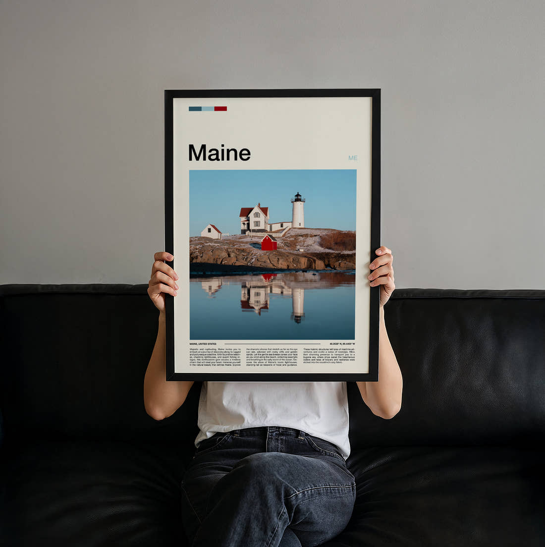 Maine Nubble Lighthouse Travel Print held up by hand to show the size of the print