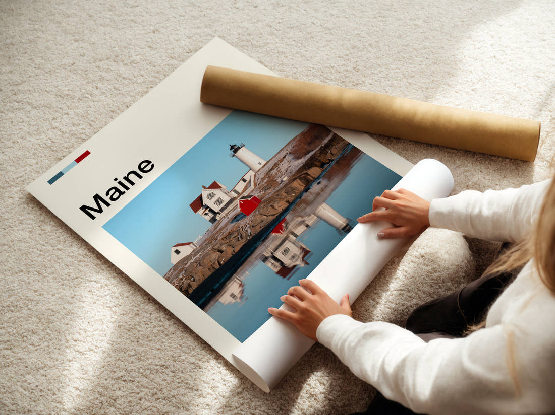 Maine Nubble Lighthouse Travel Print being unrolled from its postal tube