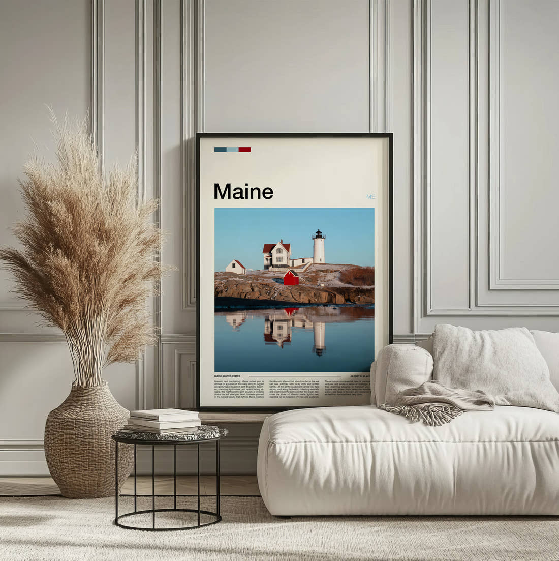 Maine Nubble Lighthouse Travel Print framed on the wall of a calm, neutral bedroom