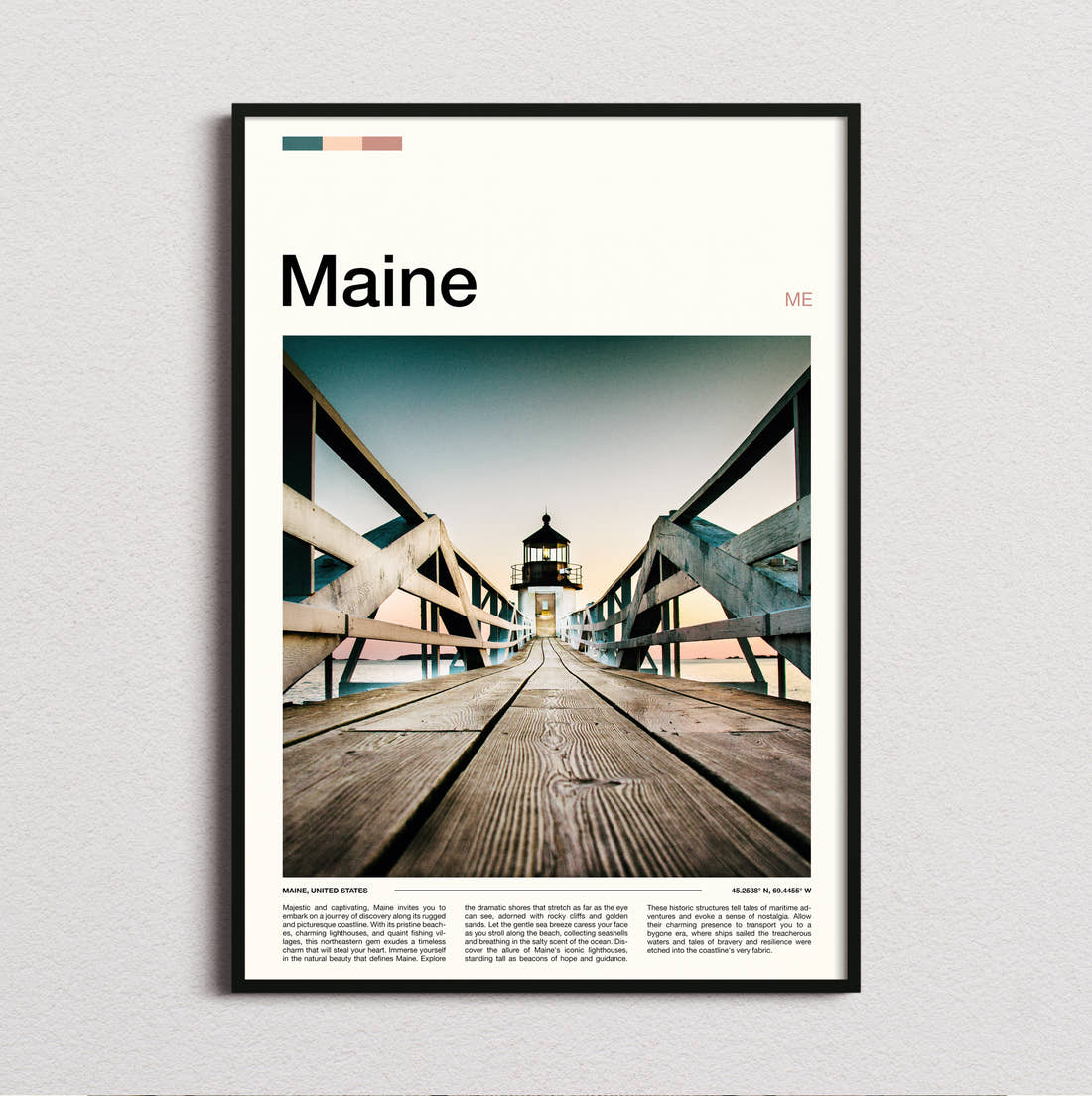 Maine Pier Leading To Lighthouse Travel Print framed and photographed straight on