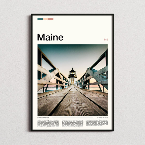 Maine - Pier Leading To Lighthouse - Travel Print