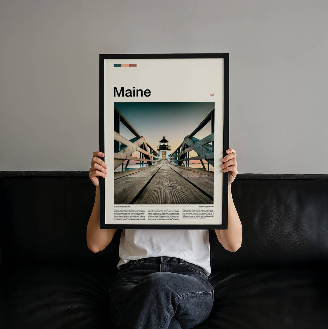 Maine Pier Leading To Lighthouse Travel Print held up by hand to show the size of the print