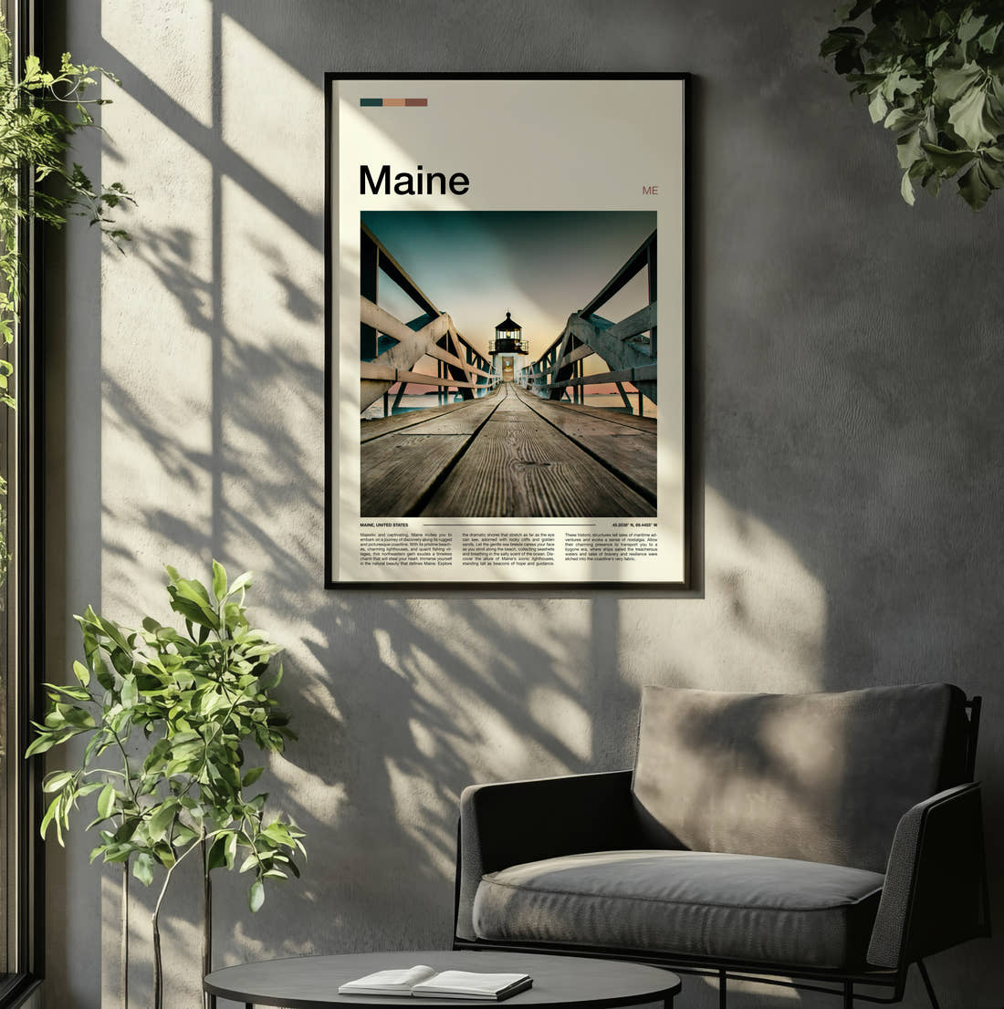 Maine Pier Leading To Lighthouse Travel Print framed on the wall of a relaxed living room