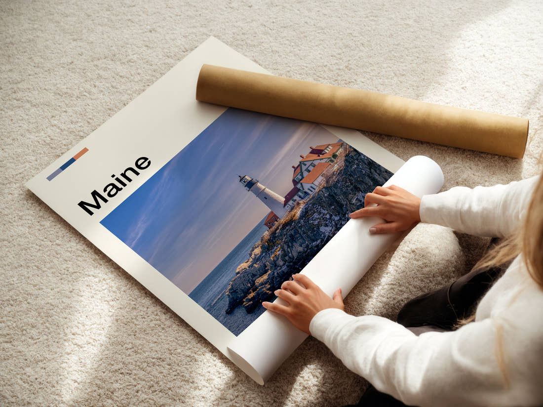 Maine Portland Head Light Travel Print being unrolled from its postal tube