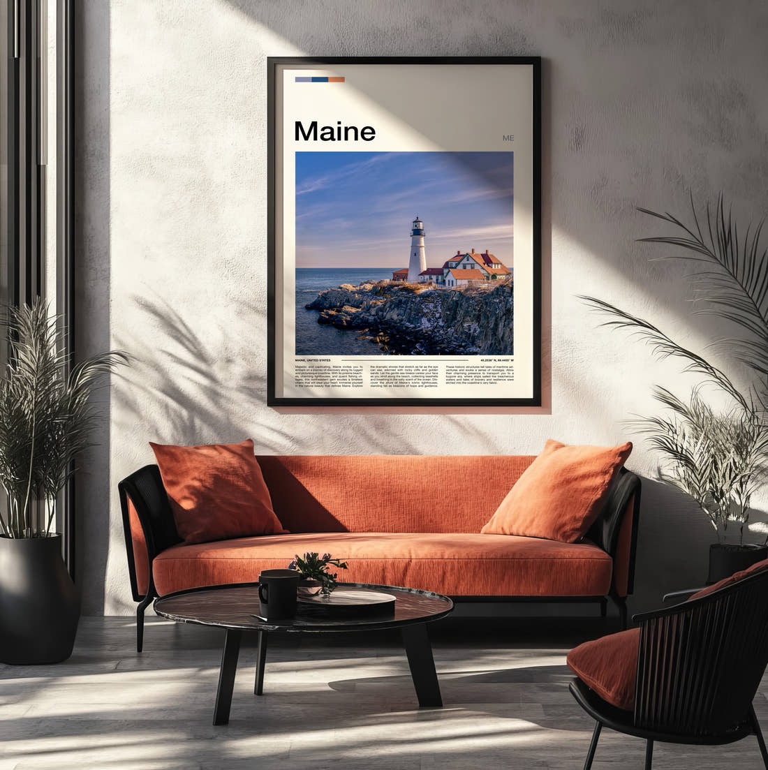Maine Portland Head Light Travel Print framed on the wall of a modern living room