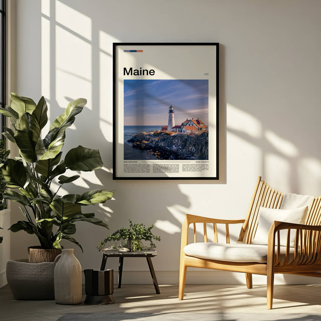 Maine Portland Head Light Travel Print framed on a pale wall beside houseplants