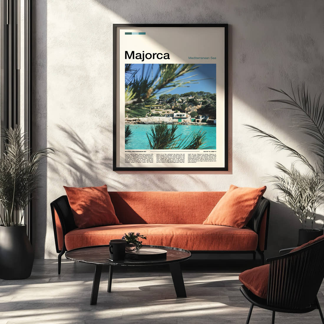 Majorca Turquoise Cove Cliffs Travel Print framed on the wall of a modern living room