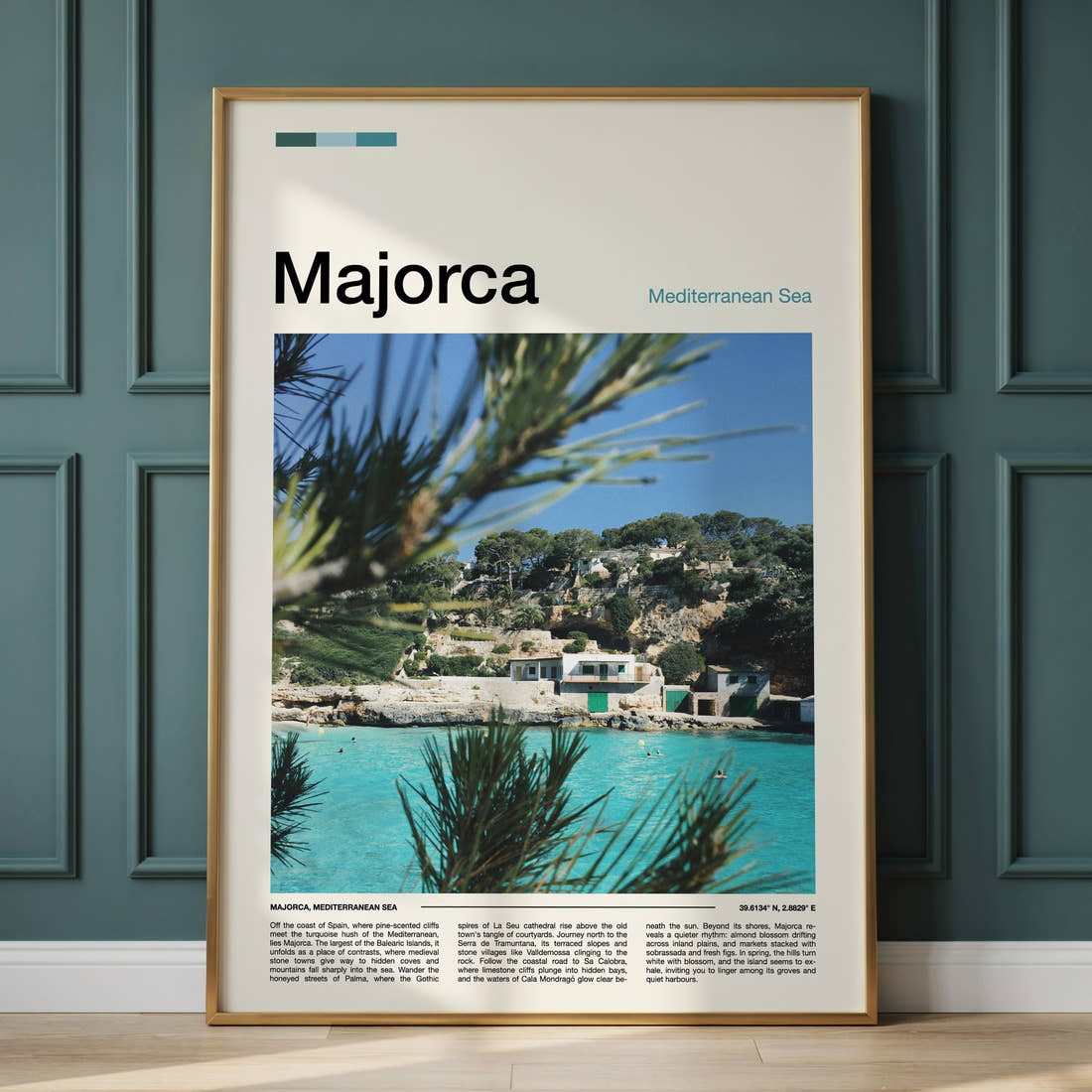 Majorca Turquoise Cove Cliffs Travel Print framed on the wall of a calm, neutral bedroom