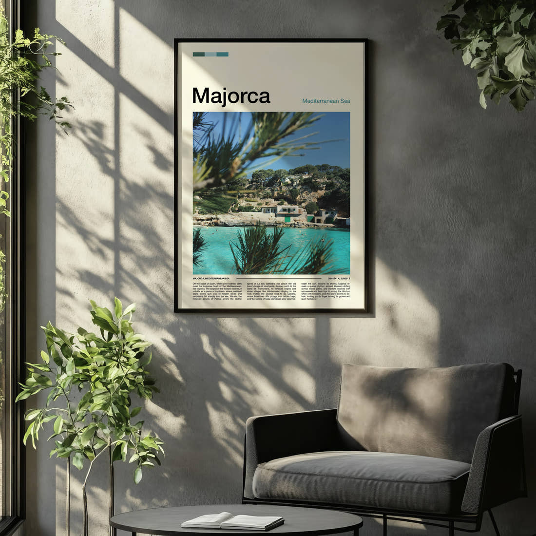 Majorca Turquoise Cove Cliffs Travel Print framed on the wall of a relaxed living room