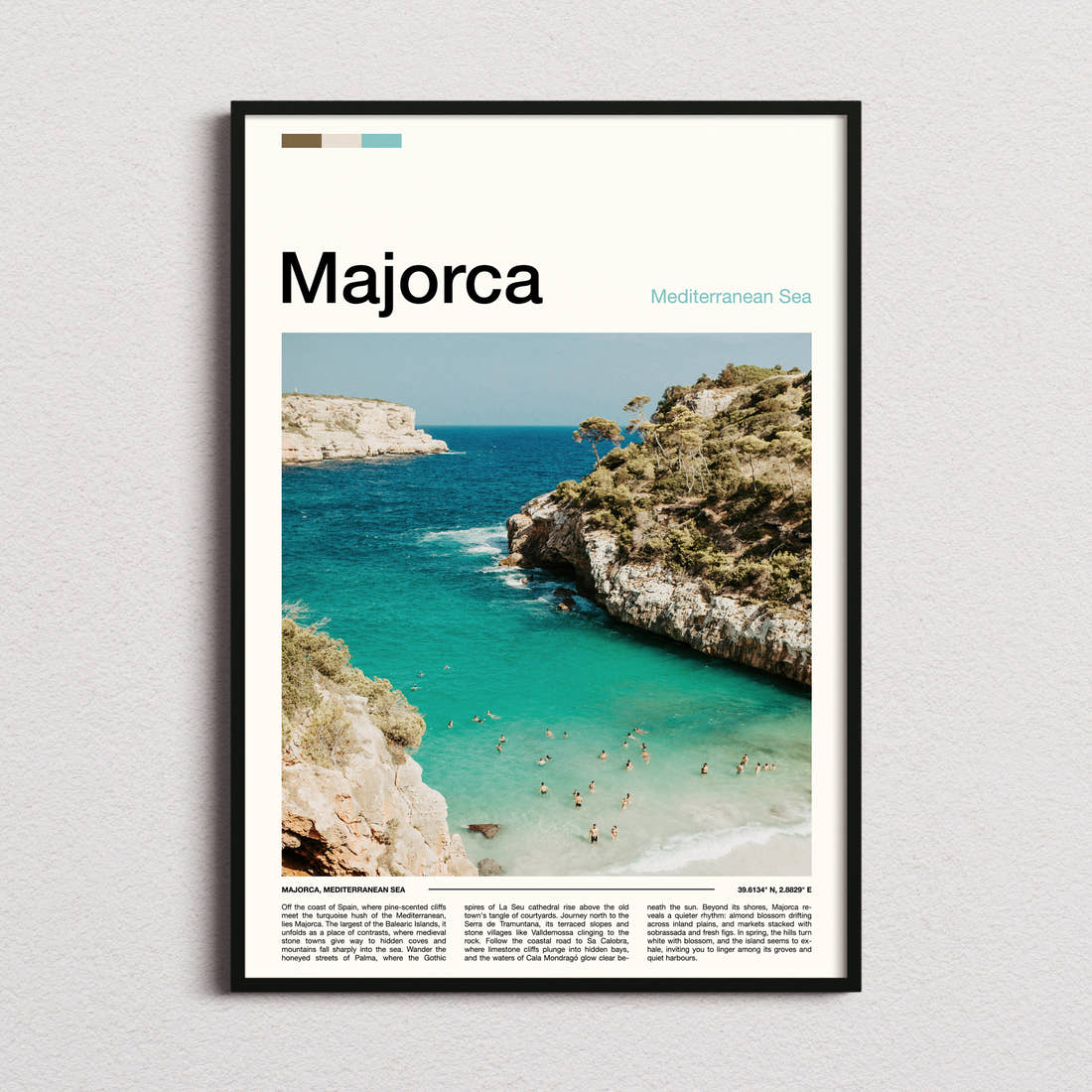 Majorca Turquoise Cove Aerial Travel Print framed and photographed straight on