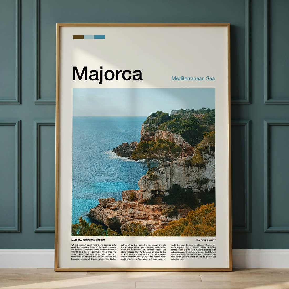 Majorca Rugged Coastal Cliffs Travel Print framed on the wall of a calm, neutral bedroom
