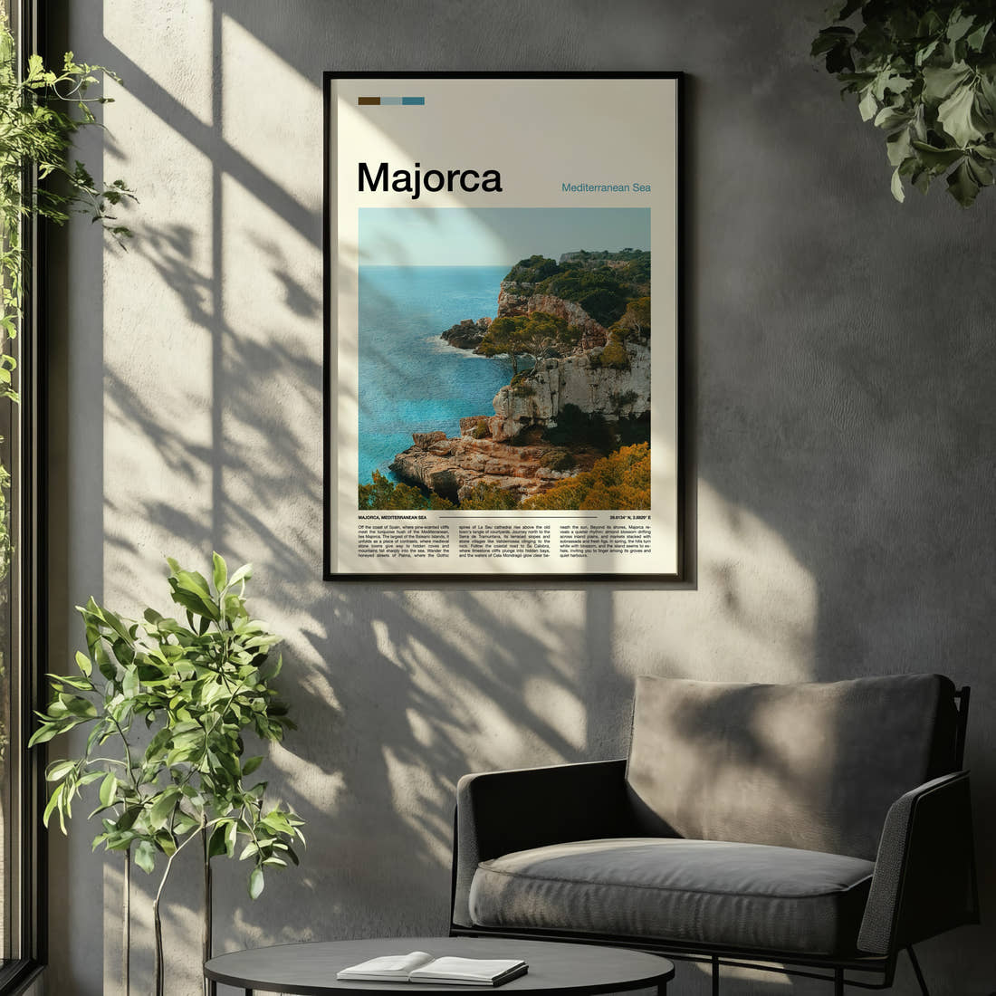 Majorca Rugged Coastal Cliffs Travel Print framed on the wall of a relaxed living room
