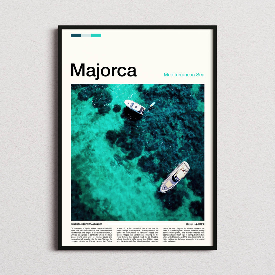 Majorca Turquoise Water From Above Travel Print framed and photographed straight on