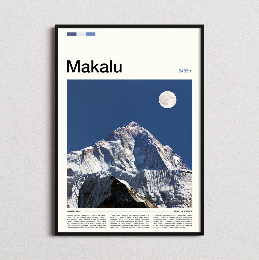 Makalu Moon Over Snowy Peak Travel Print framed and photographed straight on