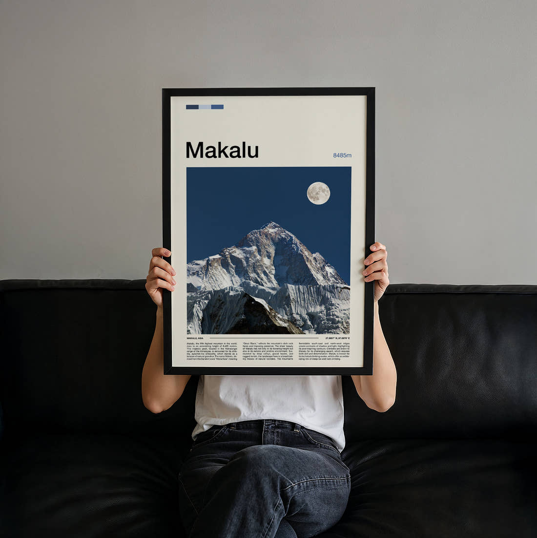 Makalu Moon Over Snowy Peak Travel Print held up by hand to show the size of the print