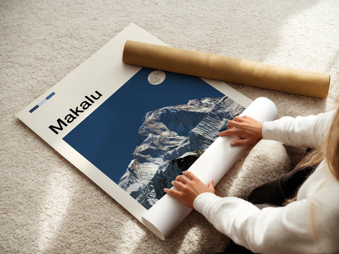 Makalu Moon Over Snowy Peak Travel Print being unrolled from its postal tube