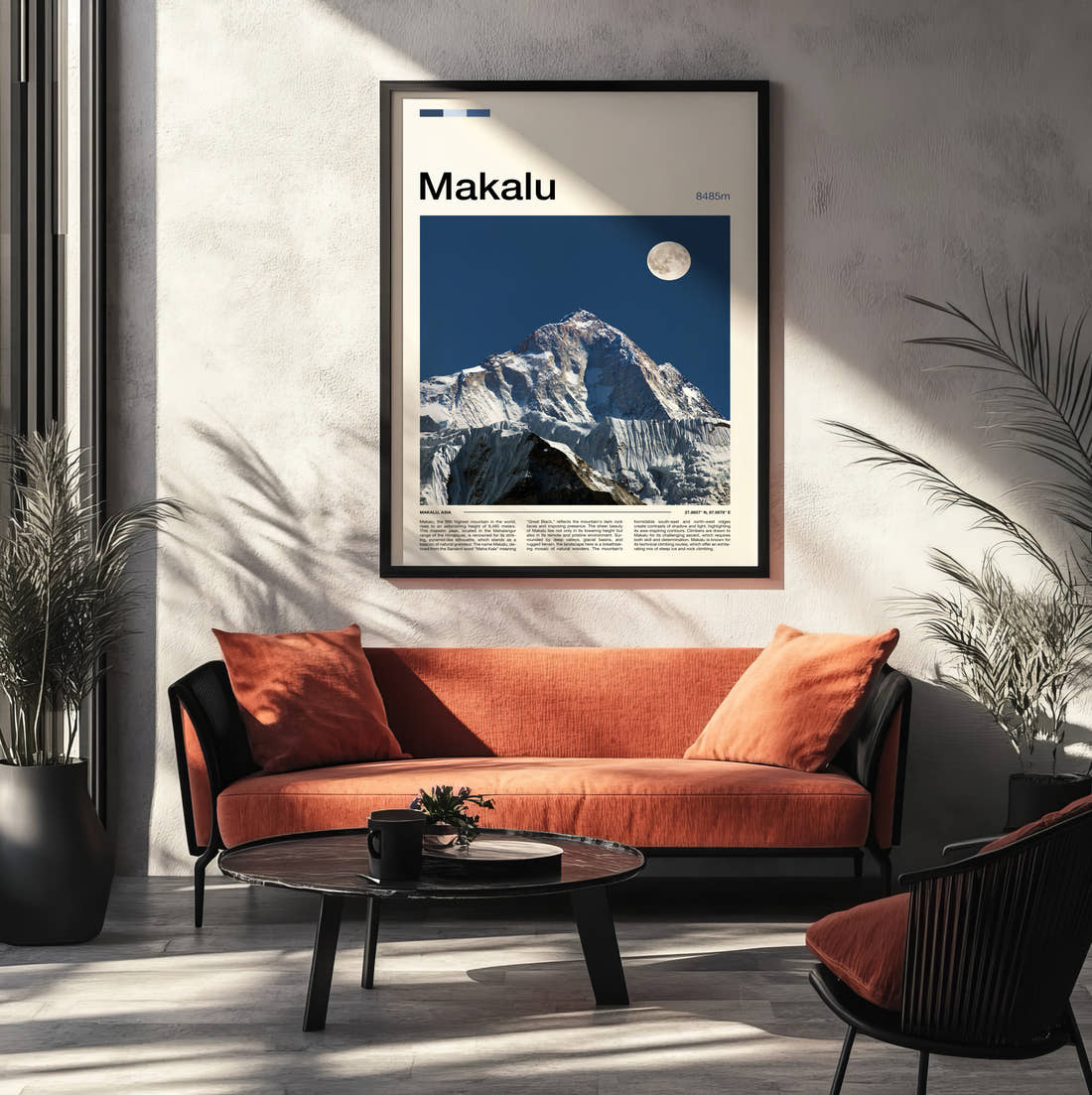 Makalu Moon Over Snowy Peak Travel Print framed on the wall of a modern living room
