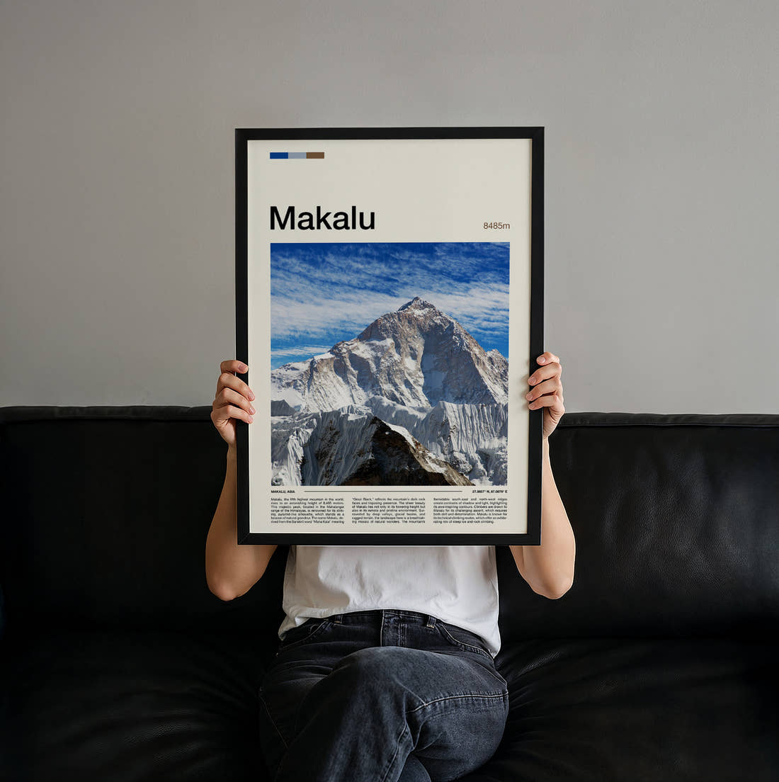 Makalu Snowy Mountain Peaks Travel Print held up by hand to show the size of the print