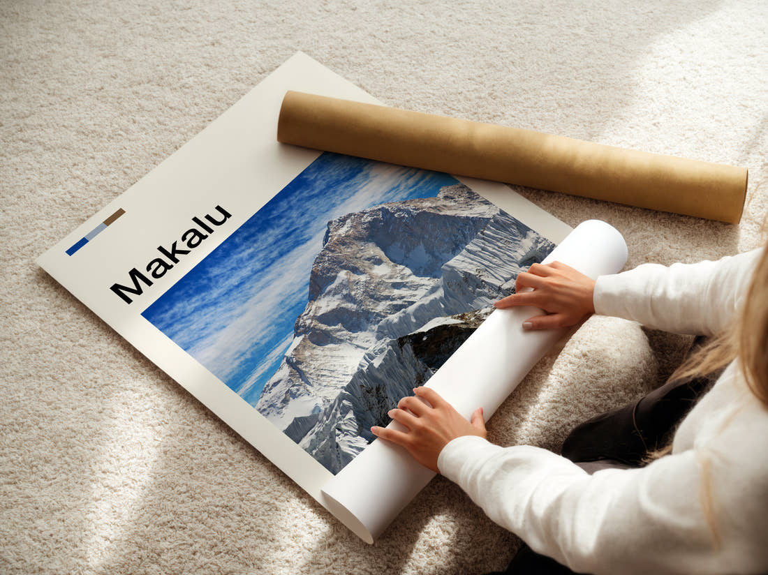Makalu Snowy Mountain Peaks Travel Print being unrolled from its postal tube