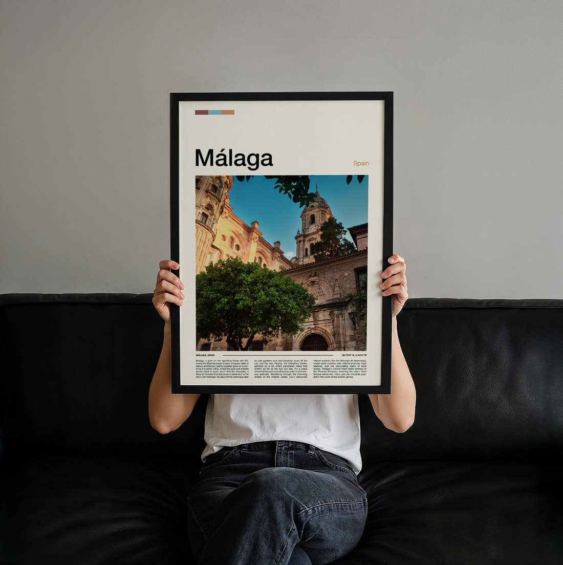 Malaga Cathedral Travel Print held up by hand to show the size of the print