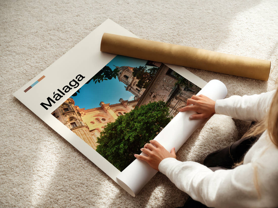 Malaga Cathedral Travel Print being unrolled from its postal tube