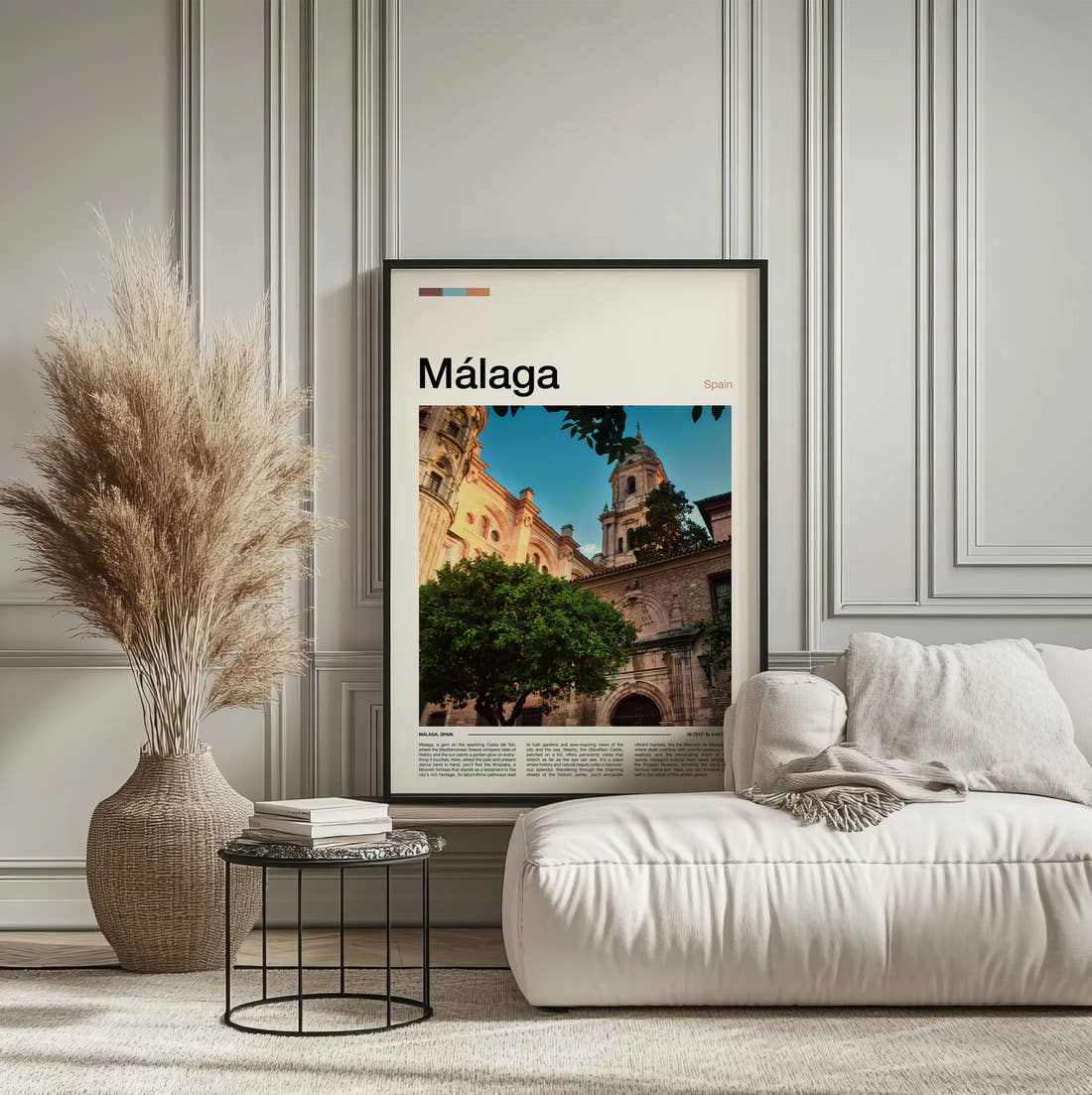 Malaga Cathedral Travel Print framed on the wall of a calm, neutral bedroom
