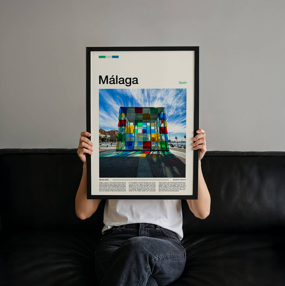 Malaga Coloured Glass Cube Travel Print held up by hand to show the size of the print
