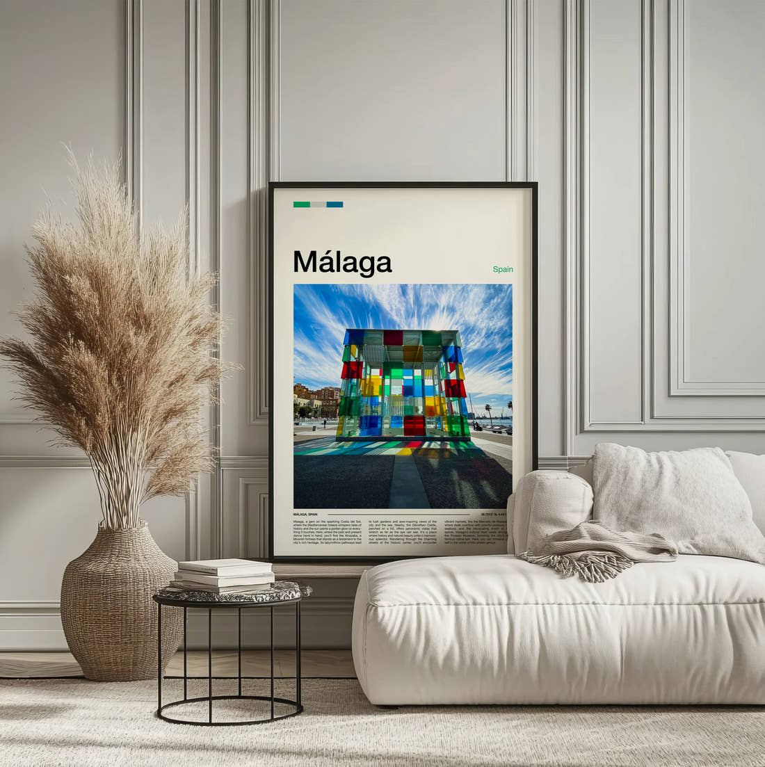 Malaga Coloured Glass Cube Travel Print framed on the wall of a calm, neutral bedroom