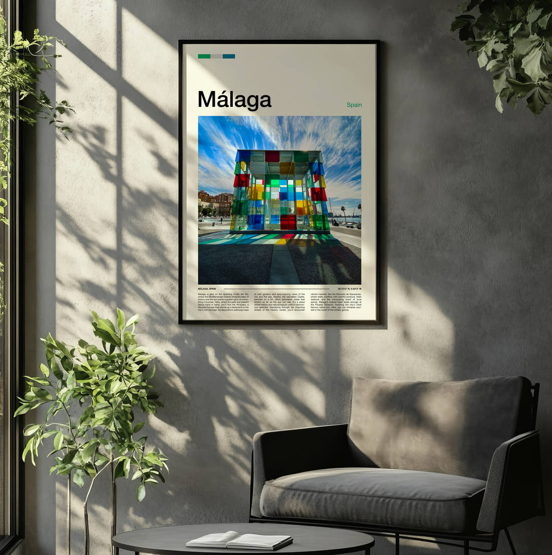Malaga Coloured Glass Cube Travel Print framed on the wall of a relaxed living room