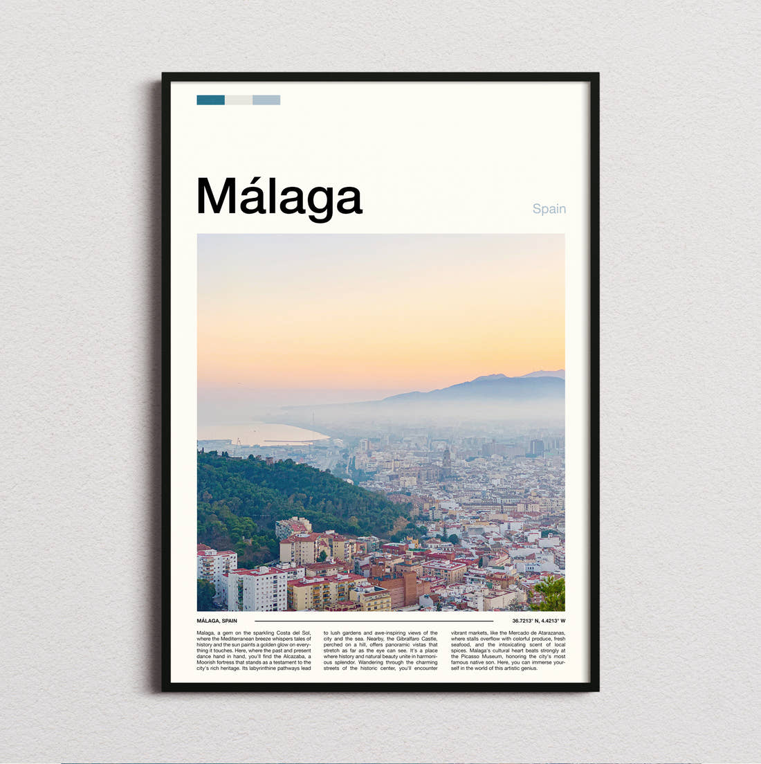 Malaga Hazy City View Travel Print framed and photographed straight on