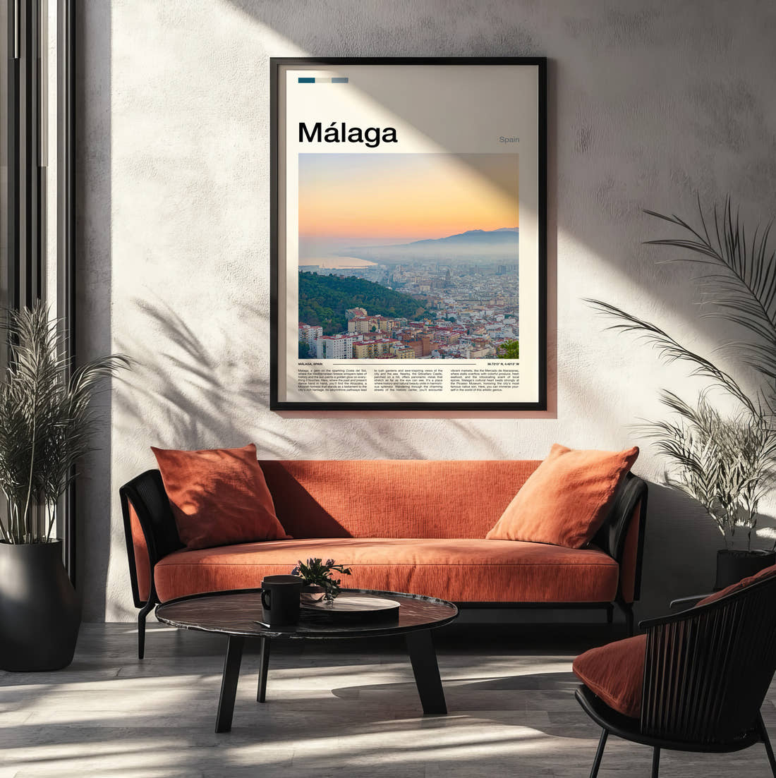 Malaga Hazy City View Travel Print framed on the wall of a modern living room