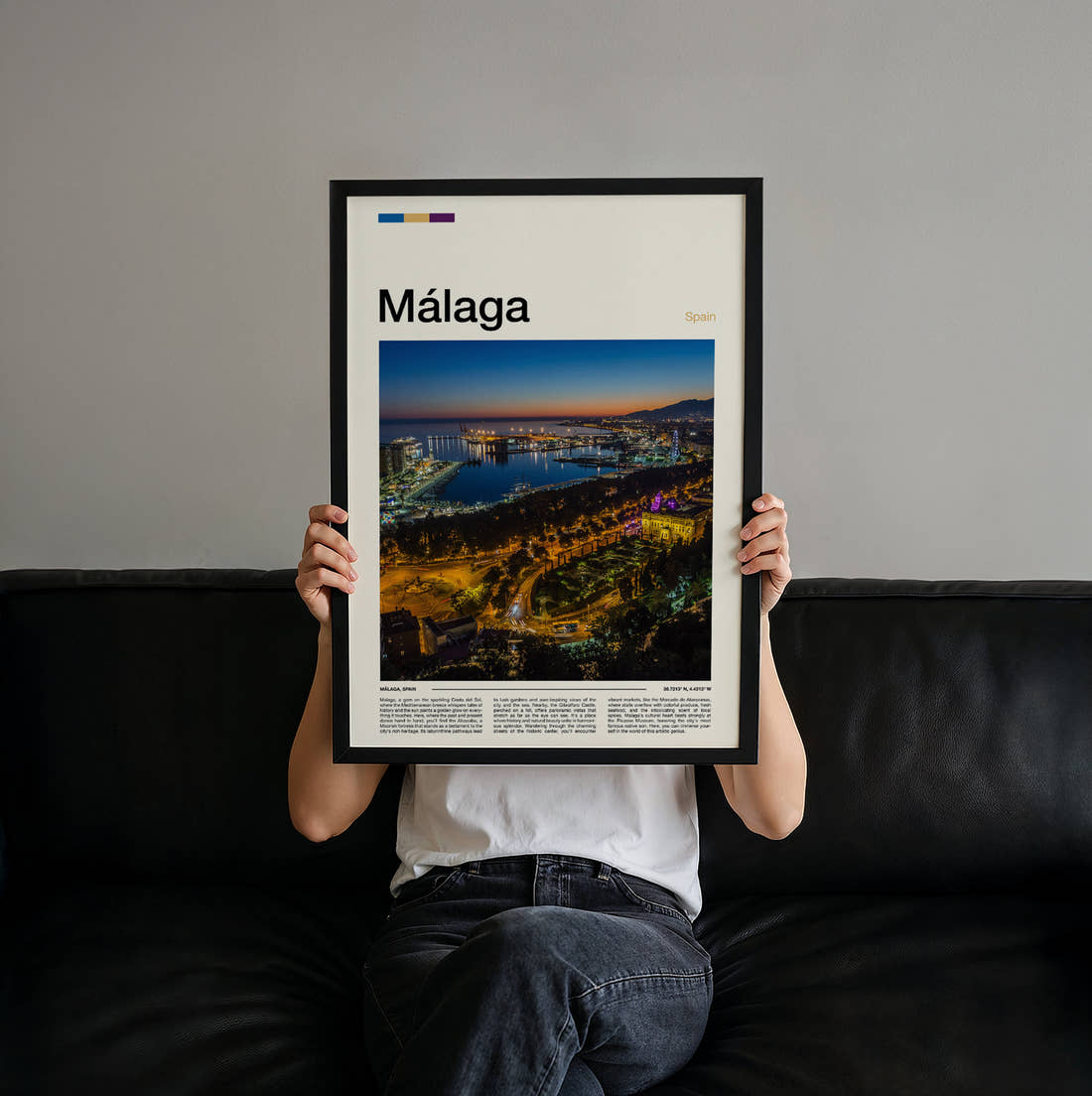 Malaga Port Lights At Night Travel Print held up by hand to show the size of the print