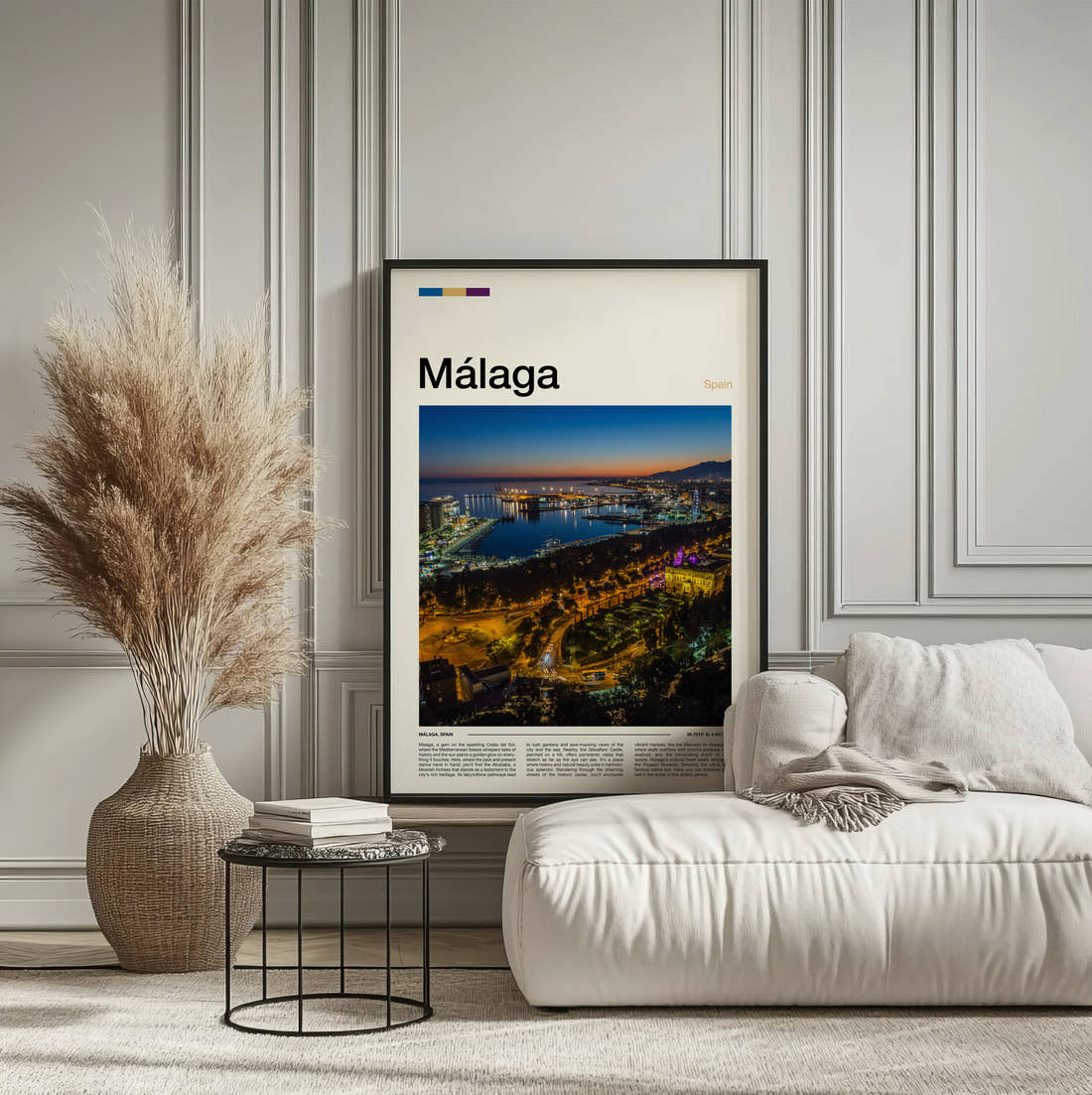 Malaga Port Lights At Night Travel Print framed on the wall of a calm, neutral bedroom
