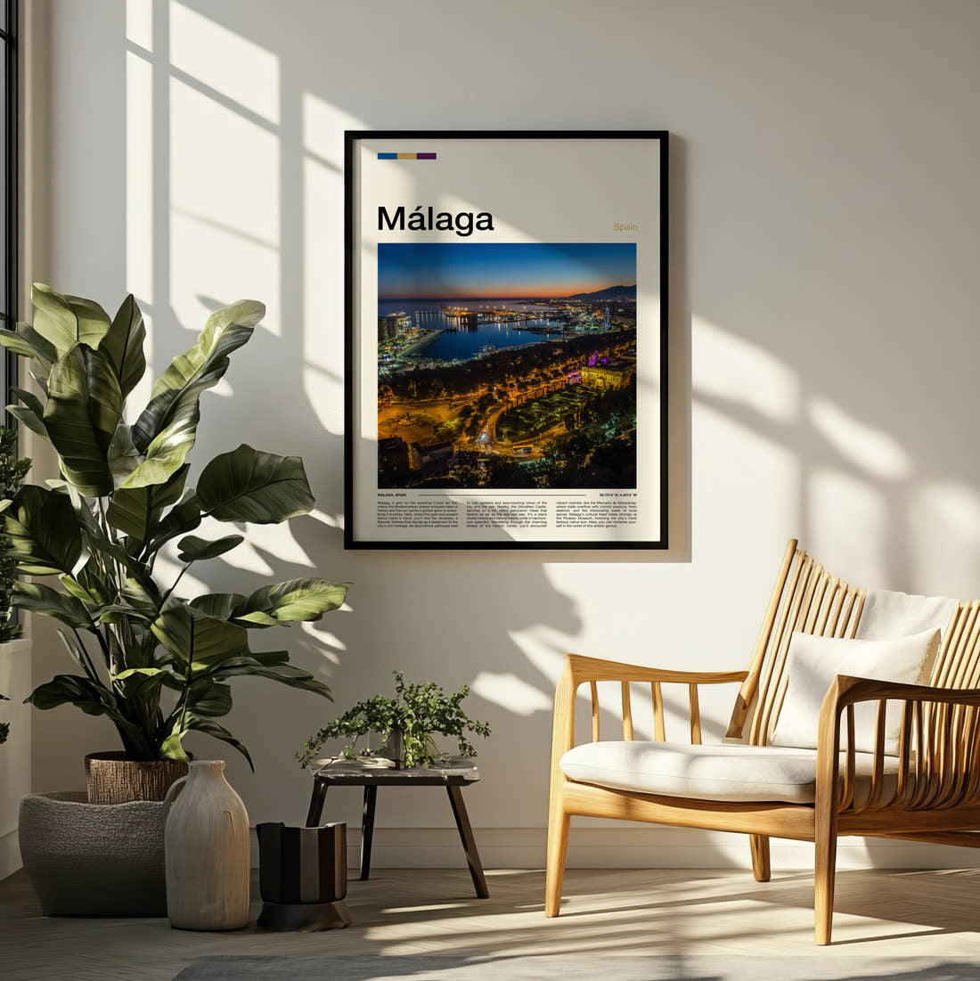 Malaga Port Lights At Night Travel Print framed on a pale wall beside houseplants