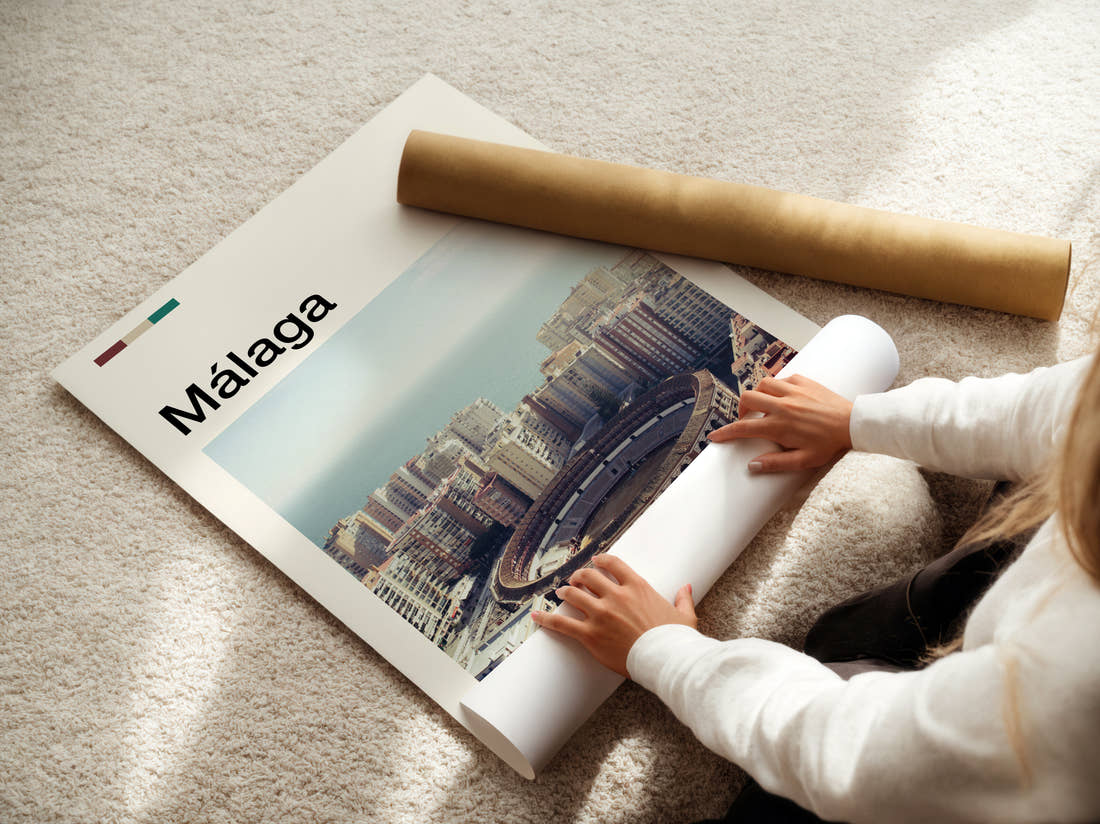 Malaga Bullring From Above Travel Print being unrolled from its postal tube