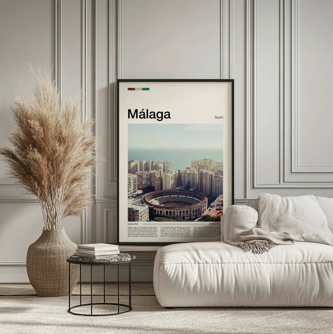 Malaga Bullring From Above Travel Print framed on the wall of a calm, neutral bedroom