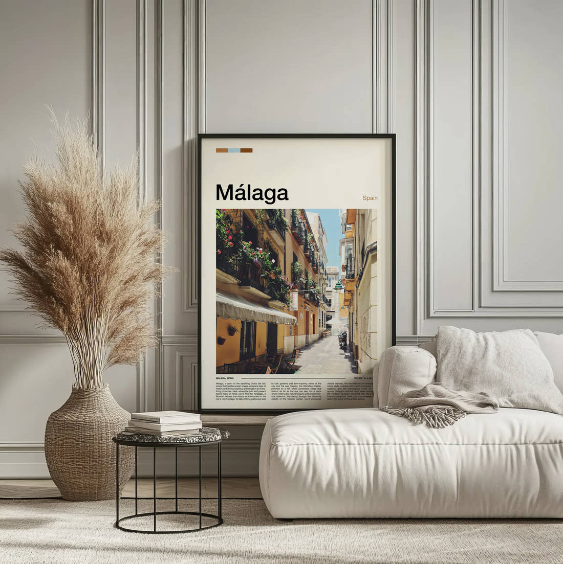 Malaga Narrow Old Street Travel Print framed on the wall of a calm, neutral bedroom