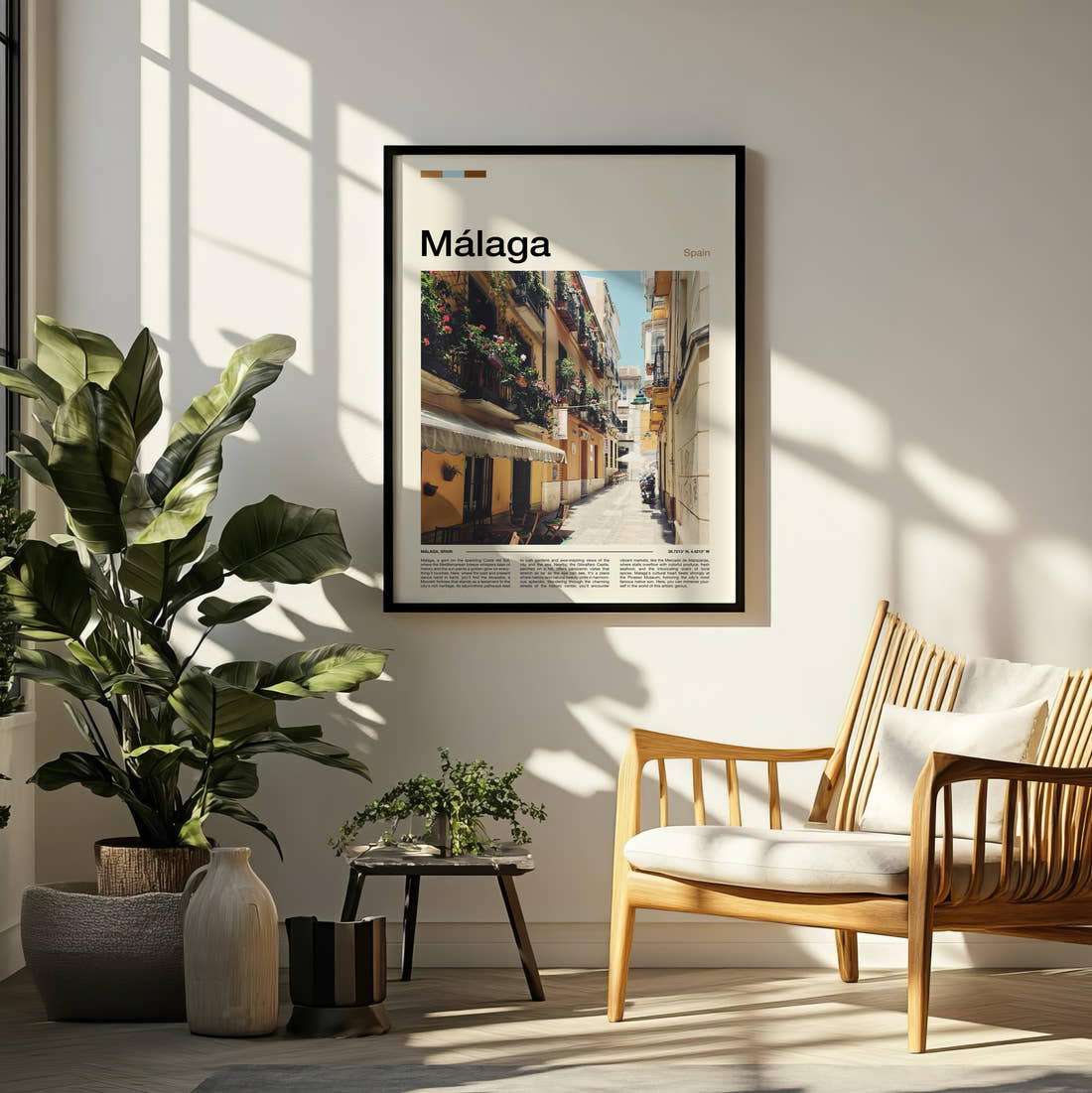 Malaga Narrow Old Street Travel Print framed on a pale wall beside houseplants